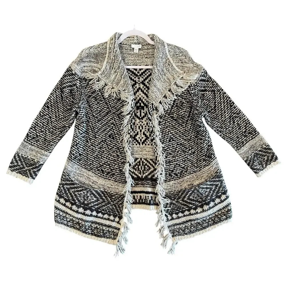 J. Jill Sweater Fringe Trim Open Cardigan Wool Blend Western Chunky Boho Size SP